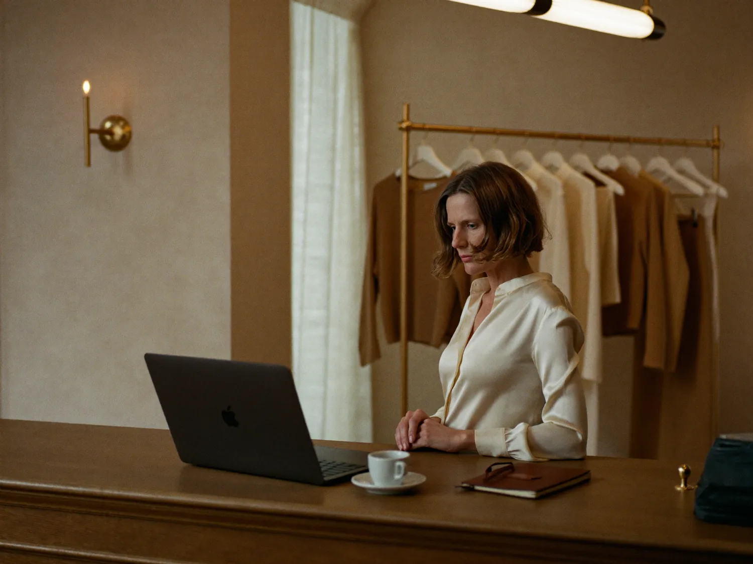 A boutique owner reviewing styling sessions on a laptop at a wooden counter.