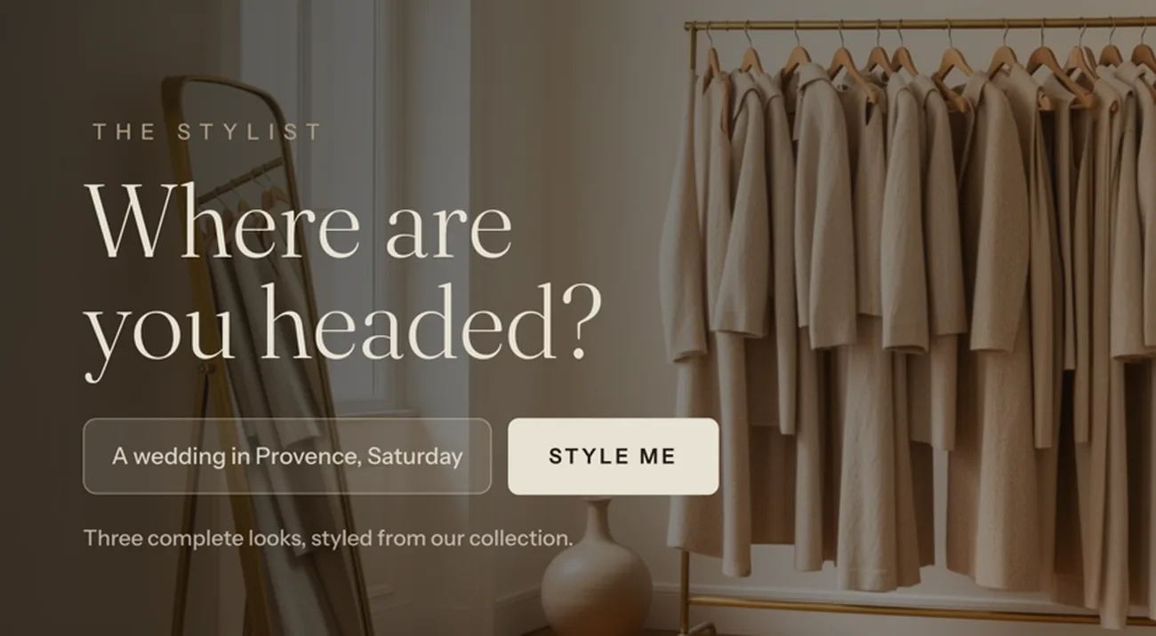 A branded styling storefront on a laptop, showing a full look composed from the boutique's own collection.