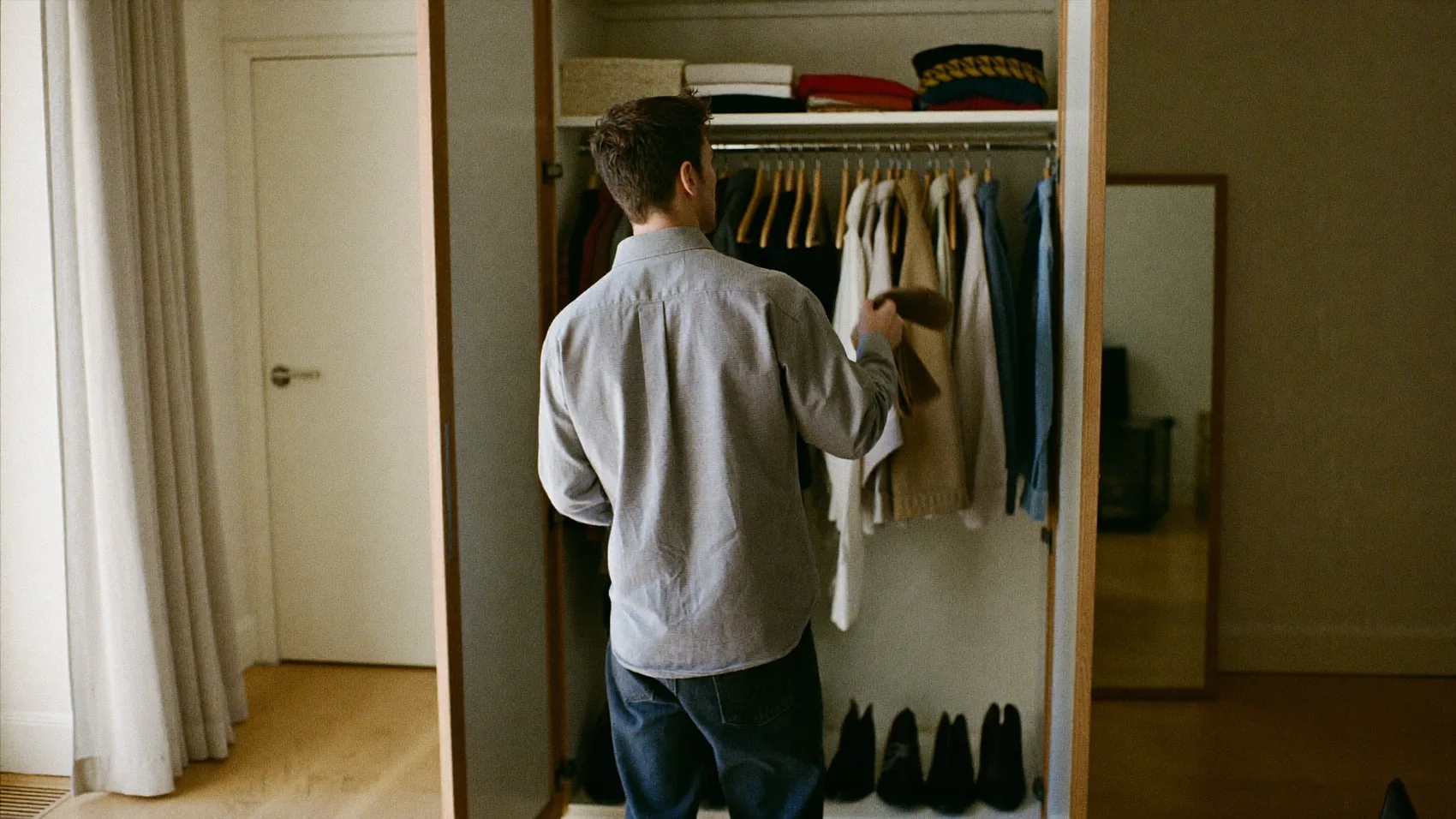 A man at home reaching for a folded knit in his open wardrobe, in morning light.